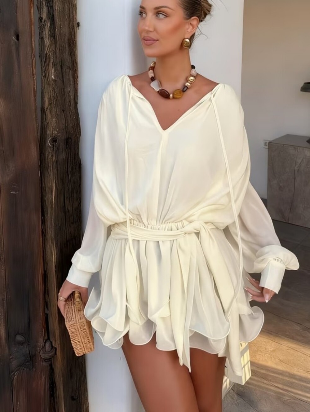 Gentle Women's Casual Lazy Style Loose Dress in with Tie-Waist, Ruffled, and Flo